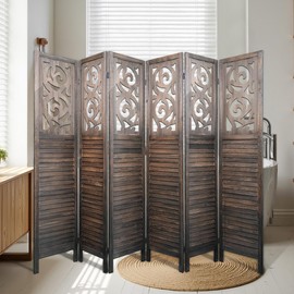 Lyngins 6 Panel Room Divider, 5.6FT Folding Carved Room Divider Screen, Free Assembled Freestanding Partition for Home Office Bedroom, Brown