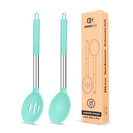 Pack of 2 Large Silicone Cooking Spoons,Non Stick Solid Basting Spoon,Heat-Resistant Kitchen Utensils for Mixing,Serving,Draining,Stirring (GREEN)