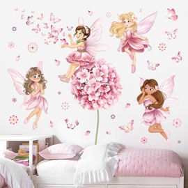 decalmile Fairy Girl with Flower Wall Decals Large Pink Dandelion Floral Butterfly Elves Wall Stickers Girls Bedroom Baby Nursery Kids Room Wall Decor