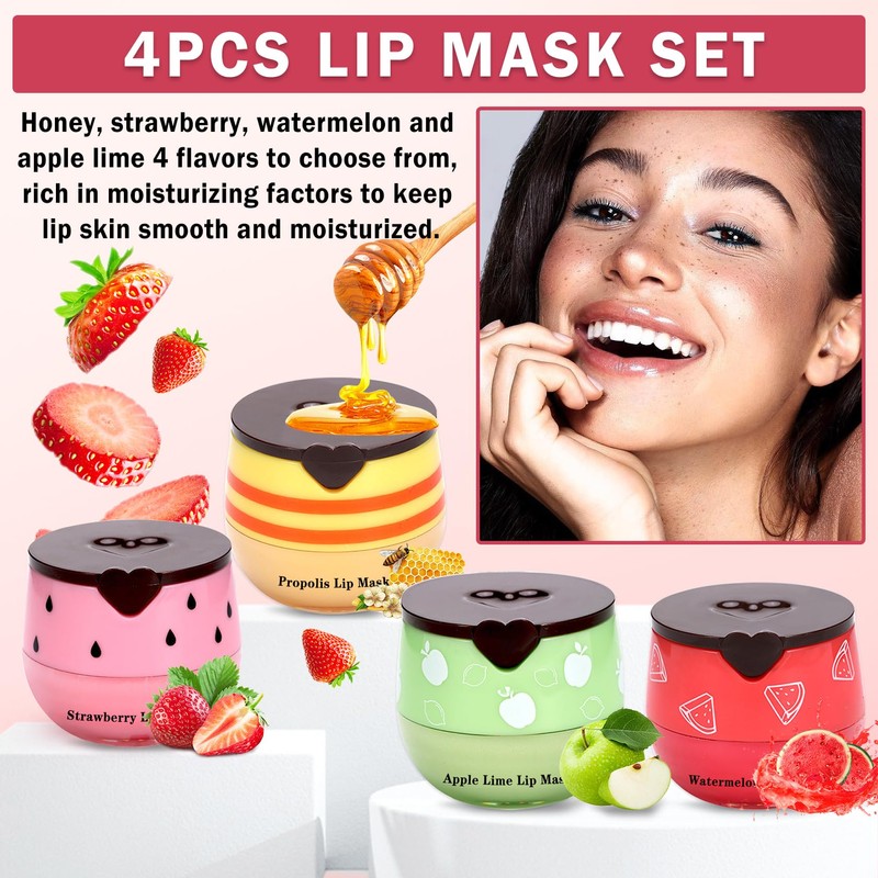 AOAZXBB 4 PCS Bee Lip Balm Honey Pot,Honey Strawberry Watermelon