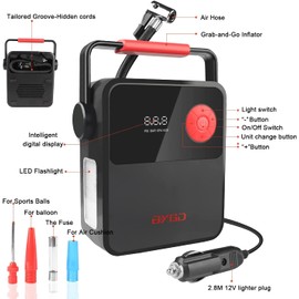 BYGD Luftkompressor Reifenfüller, DC 12V Tragbarer Reifenfüller für Auto, Digitale Reifenpumpe mit tragbarem Griff und LED-Licht, Luftpumpe für Autoreifen, Fahrrad, Bälle und andere Schlauchboote