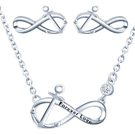 Yumilok Women's Necklace Earrings Jewellery Set 925 Sterling Silver with Infinity Symbol Infinity Anchor Pendant for Women Girls, Sterling Silver Sterling Silver Zirconia, Cubic Zirconia