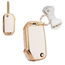 SANRILY Golden-Edge Flip Key Fob Cover Fit for Kia Forte 2021 2022 Soul Sorento Sportage Telluride Cerato K5 Sports GT NIRO Keyless Key Case with Bling Keychain Beige