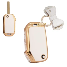 SANRILY Golden-Edge Flip Key Fob Cover Fit for Kia Forte 2021 2022 Soul Sorento Sportage Telluride Cerato K5 Sports GT NIRO Keyless Key Case with Bling Keychain Beige