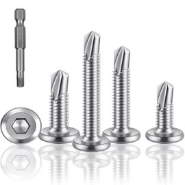 HXJDAM Pack of 60 Self-Tapping Screws, 410 Stainless Steel Flat Head Hex Socket Screws Drilling Screws, M6.3 x 25 mm Tapping Screws, Silver, with Hexagon Socket Drill
