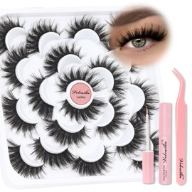 Veleasha Lashes D Curl Fluffy Eyelashes Cat Eye Lashes 5D Volume False Lashes Kit with Lash Glue and Tweezers 10 Pairs Soft False Eyelashes Luxury Fake Eyelashes Wispy Look Like Extensions (D15 Kit)