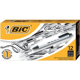 BIC CSM11BK Clic Stic Retractable Ballpoint Pen, Black Ink, 1mm, Medium, Dozen
