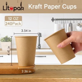 LITOPAK 240 Pack 12 oz Paper Cups, Kraft Hot Coffee Cups, Beverage Disposable Drinking Cups, Hot Coffee Cups, Paper Coffee Cups for Water, Coffee, Juice, and Tea.