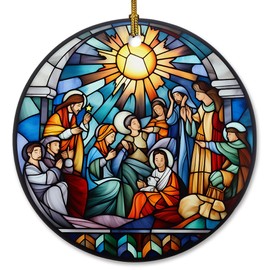 Elegant Nativity Scene Christmas Tree Ornaments, Stained Glass Style Nativity Ornaments, Stained Ceramic Christmas Ornaments for Home Holiday Decor, Nativity Gifts Religious Ornaments