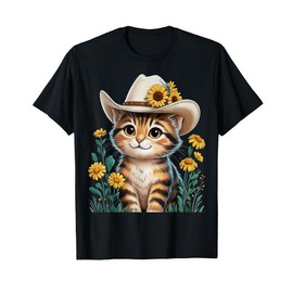 Cute Cartoon Cat In Cowboy Hat With Sunflowers Rustic T-Shirt