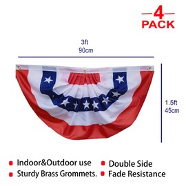 Julysgift 1.5x3Ft USA Pleated Fan Flag American US Bunting Flag Patriotic Half Fan Banner Flag - Canvas Header and Brass Grommet - for 4th of July Memorial Day Indoor Outdoor Decoration, Pack of 4