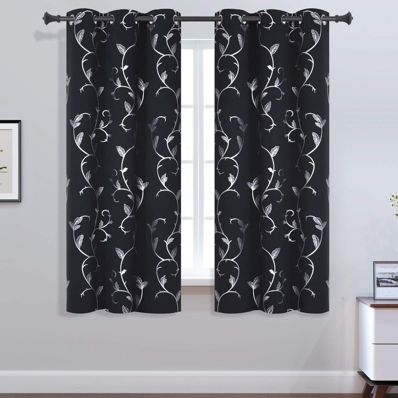 BUHUA Black Blackout Window Curtains Thermal Insulated Silver Vine Print