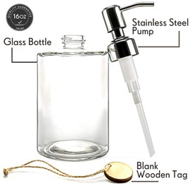 JASAI 16OZ Cylinder Glass Soap Dispenser with Rust Proof Stainless Steel Pump, Refillable Bathroom Soap Dispenser for Hand Soap, Dish Soap, Liquid Soaps and Kitchen (Clear)