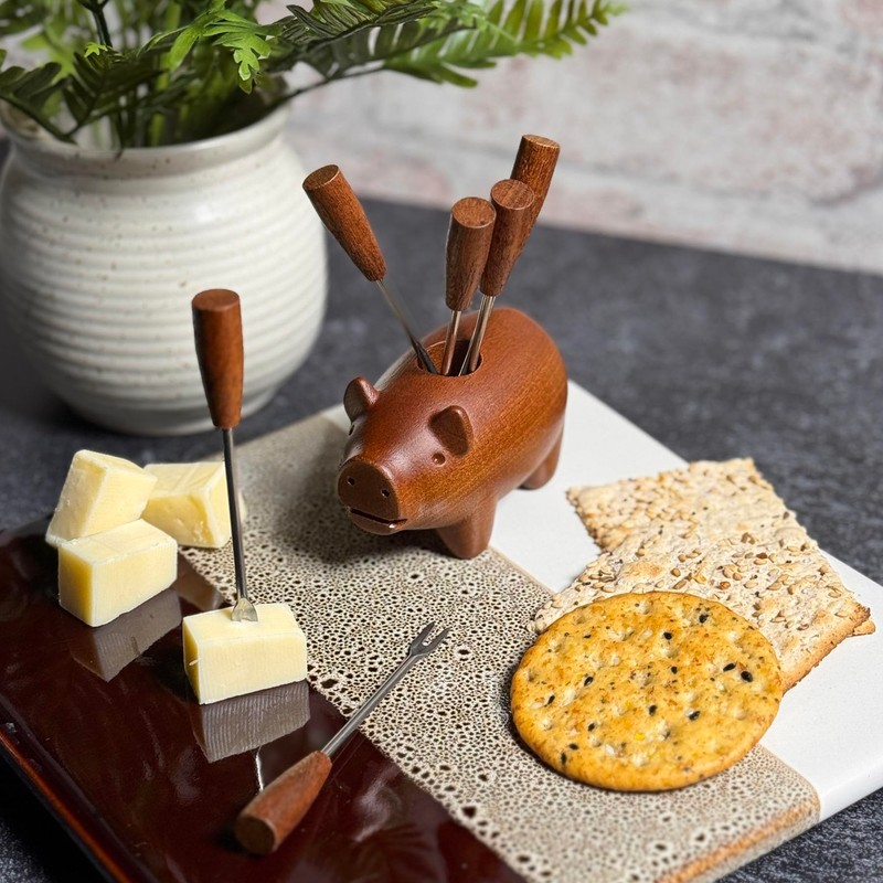 The Barrington Garage Wooden Pig-Shaped Appetizer Fork Set, 6 Stainless