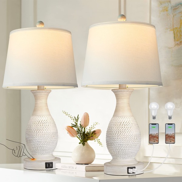 PARTPHONER Table Lamps Set of 2, Bedside Touch Lamp with Dual USB Charging Ports, Side Table Lamp with White Fabric Shade (LED Bulbs Included)