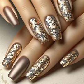 Dark Bronze Press on Nails Medium Square Fake Nails Autumn Full Cover Coffin False Nails Press ons with 3D Gold Embossed Flower Designs Glue on Nails Artificial Nails for Women Girls 24Pcs