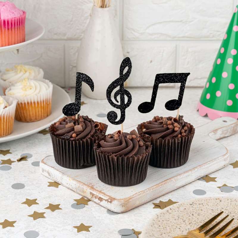 Clovercrafts 12 x Black Glitter Music Note Cupcake Toppers –