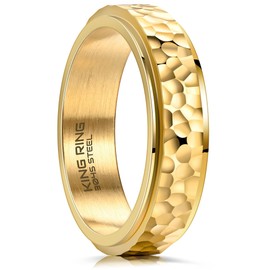 King Ring 6mm Spinner Hammered Ring – Shining Fidget Ring for Stress Relief Stainless Steel Spin Rotating Ring for Men & Women K39V2 – Gold 7