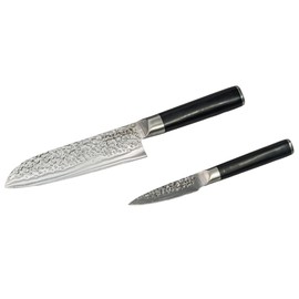 Swiss Diamond 2-Piece Santoku and Paring Knife Set, Hammered German Steel Blades, 55+2 Rockwell Hardness, Black ABS Handles