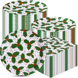 Yetene 120 Pcs Christmas Plates and Napkins Bulk Disposable White and Green Holly Paper Plates Christmas Round Plates Trays Napkins Dinnerware Set for Xmas Christmas Party Supplies Decorations