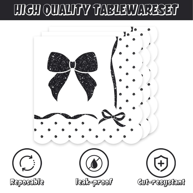 40pcs Black Bow Party Supplies,include 20 Dessert plate and 20