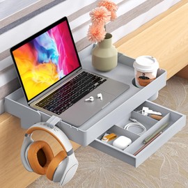 SPACELEAD Bedside Shelf for Bed – College Dorm Room Clip On Nightstand with Cup Holder & Cord Holder&drawer – Bunk Bed Shelf for Organizer Top for Bedroom (Grey，Plastic)
