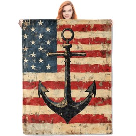 VANZEV Vintage American Flag Anchor Blanket Gifts for Women, Nautical Theme Flannel Blanket, Soft Warm Lightweight Throw Blankets for Bedding Sofa Couch Home Travel Decor 50" x 60"