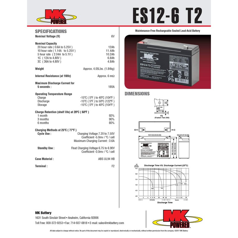 MK Battery ES12-6 T2 Maintenance-Free Rechargeable Sealed Lead-Acid Battery