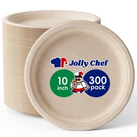 JOLLY CHEF 100% Compostable Heavy Duty Plates 10 Inch [300 Pack] Eco-Friendly Disposable Paper Plates Made of Bagasse Biodegradable Plates Bulk for Party Dinner Sugarcane Fibers Round Plates(Natural)