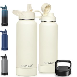 CIVAGO 40 oz Insulated Water Bottle With Straw, Stainless Steel Sports Water Flask Cup with 3 Lids (Straw, Portable Spout and Handle Lid), Double Walled Travel Thermal Canteen Mug, Cream