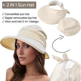 AlturaGo 2-in-1 Women’s Sun Visor Hat Wide Brim Sun Hat Zipper Off Ponytail Friendly, Lightweight Quick Dry, Summer UV Protection (US, Alpha, One Size, Beige)