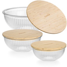 dokaworld Stackable Space-Saving Nesting Set of 3 Glass Bowls with Bamboo Lids for Foodprep, Storage, Mixing & Cooking - Microwave & Oven Safe BPA Free Durable Heat Resistant Inert Borosilicate Glass