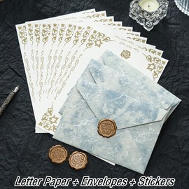 RuiChy Rose Stationery Paper and Envelopes Set, 20 Sheets Floral Border Lined Letter Writing Paper 6 Pcs Blue Gift Envelops 6 Pcs Wax Seal Stickers for Wedding Party Invitations Poem Home Office