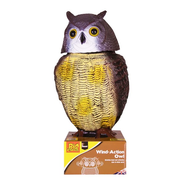 The Big Cheese Wind-Action Owl Realistic, Humane Decoy Deterrent, Scares Birds from Gardens, Boats, and Vulnerable Buildings with Rotatable Head and Reflective, Life-Like Eyes