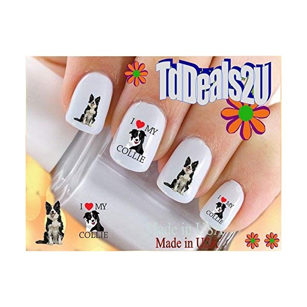 Nail Art Decals WaterSlide Nail Transfers Stickers Dog Breed - Border Collie BW Dog I Love Nail Decals - Salon Quality! DIY Nail Accessories