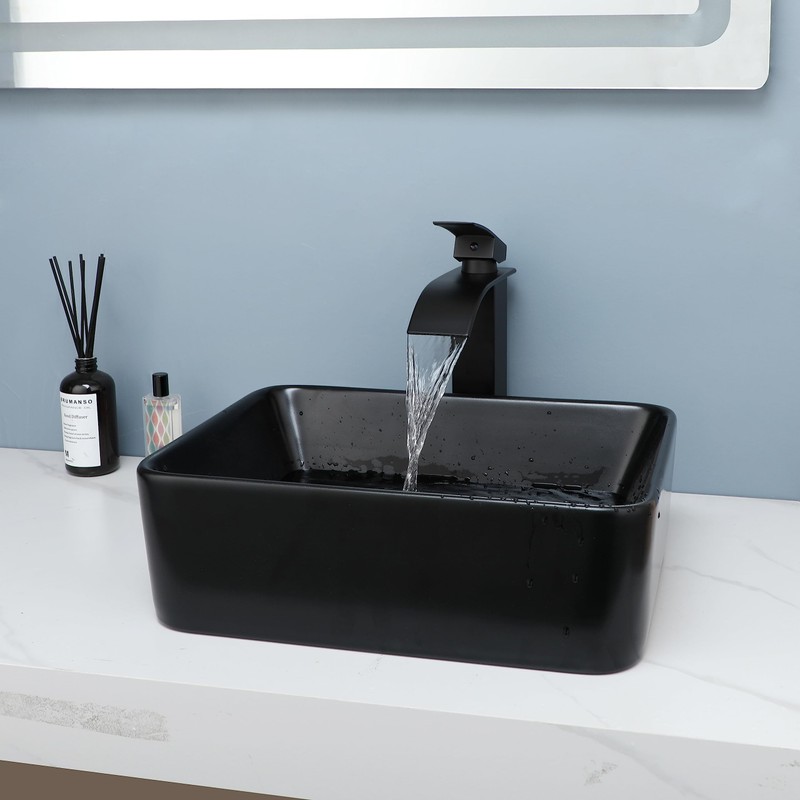 KECTIAKL Bathroom Vessel Sink 16 Inch Black Ceramic Sink Bowl,Above