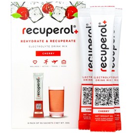 Recuperol Rehydration & Recovery Electrolytes Powder Supplement for Dehydration, 6 Sachets, Replace Mineral Salts & Fluids, Zinc, Vitamin C, B12, D3, Potassium, Natural Cherry Flavour