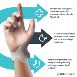 Unigloves Unicare Vinyl Multipurpose Disposable Gloves, Powder Free, Latex Free, Medium Weight, Box of 100 Gloves, Clear, Size Large (GS0064)