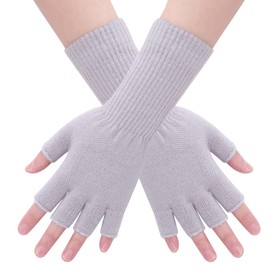 CINECE Knit Gloves, Cold Protection, Fingerless, Half Finger Winter Gloves, Thick, Warm, Indoor Driving, Work, School, Work, Unisex, long light grey