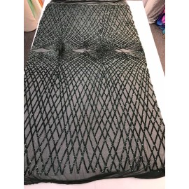 NEW CREATIONS FABRIC AND FOAM INC HUNTER GREEN SEQUINS DIAMOND DESIGN EMBROIDERY ON A 4 WAY STRETCH MESH-BY YARD.