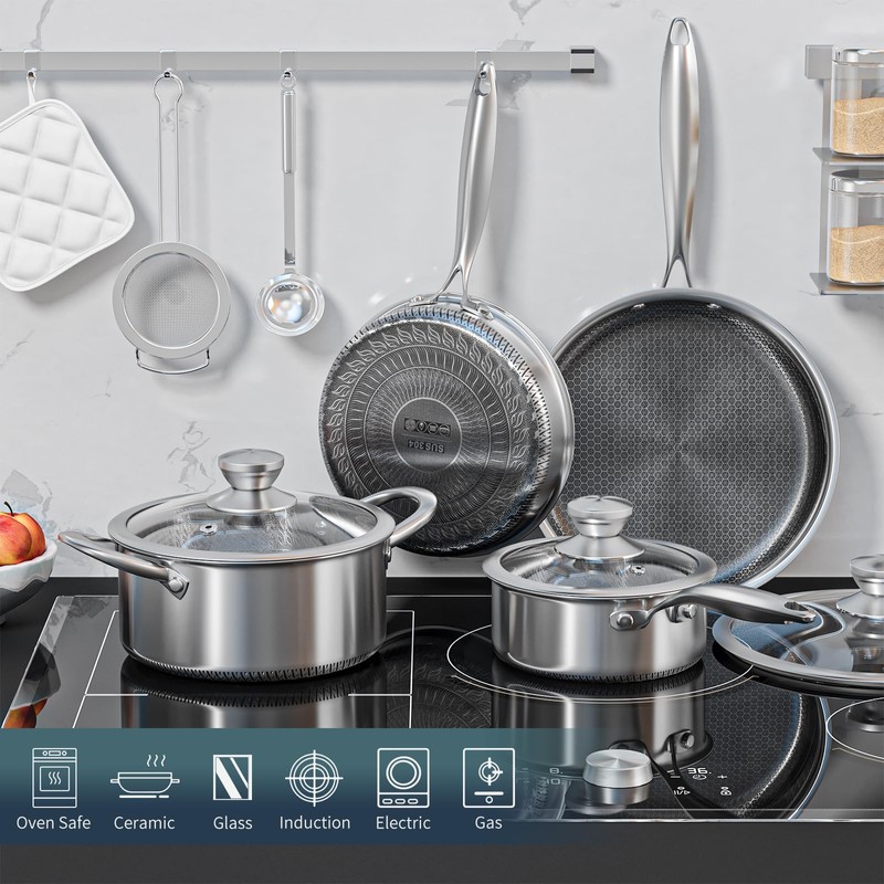 AuFranc® Hybrid Nonstick Stainless Steel Pots and Pans Set, Induction