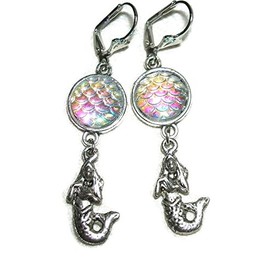 MERMAID EARRINGS Silver Pltd with COLOR CHANGING MERMAID SCALES Cabochon Drop Dangles