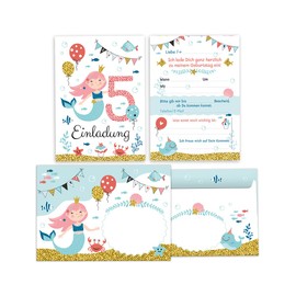 Minkocards 12 Invitation Cards for Children's Birthday Party 5th Birthday Girl Mermaid Including 12 Envelopes, 12 Party Bags/Natural, 12 Stickers Invitation Set