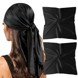 Black Silk Head Scarf-Summer 35'' Square Bandana Silk Scarf for Women UK Satin Hair Scarves for Sleeping at Night(2 Pack-Black)