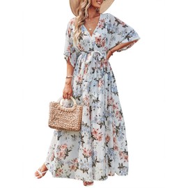 ANRABESS Womens 1/2 Sleeve Beach Wedding Guest Maxi Dresses 2025 Fall Wrap V Neck Boho Floral Flowy Slit Long Summer Dresses White Flor Small