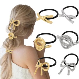 6PCS Gold Hair Ties for Women, Metal Cute Hair Ties for Thick Hair, Fashion Gold Hair Accessories Elastic Hair Ties Ponytail Cuff Hair Bands Holiday Gifts