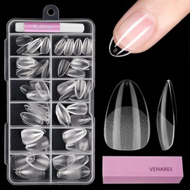 Venares Nail Tips for Gel Nails, 120 Pieces, Short Almond Artificial Nails Set, 11 Sizes, Gel Nails, Nail Tips with Glue, Nail Buffer Block, Nail Tips Set, Transparent