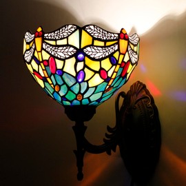 WXCFCD Tiffany Wall Sconce Lamp Blue Stained Glass Flower Style 8X10.5X11 Inch Plug in Wall Bedside Light for Hallway Bedroom (Blue Yellow Dragonfly Style)