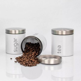 HOCHSTE Retro Tea Coffee Sugar Canisters, Airtight Kitchen Storage Jars Set, White Stainless Steel Tea Coffee and Sugar Canisters Set, Kitchen Canister Sets Cylinder Shape White 3 Pack Set