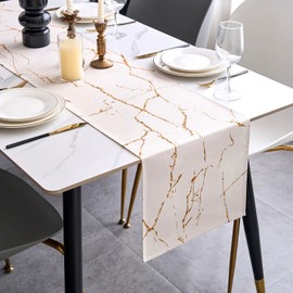 ViaElayu Table Runner Modern White Gold Marble Texture Abstract Washable Outdoor Spring Country Style Vintage Farmhouse Rectangular Tablecloth Kitchen Table Runner Party Decoration 33 x 183 cm